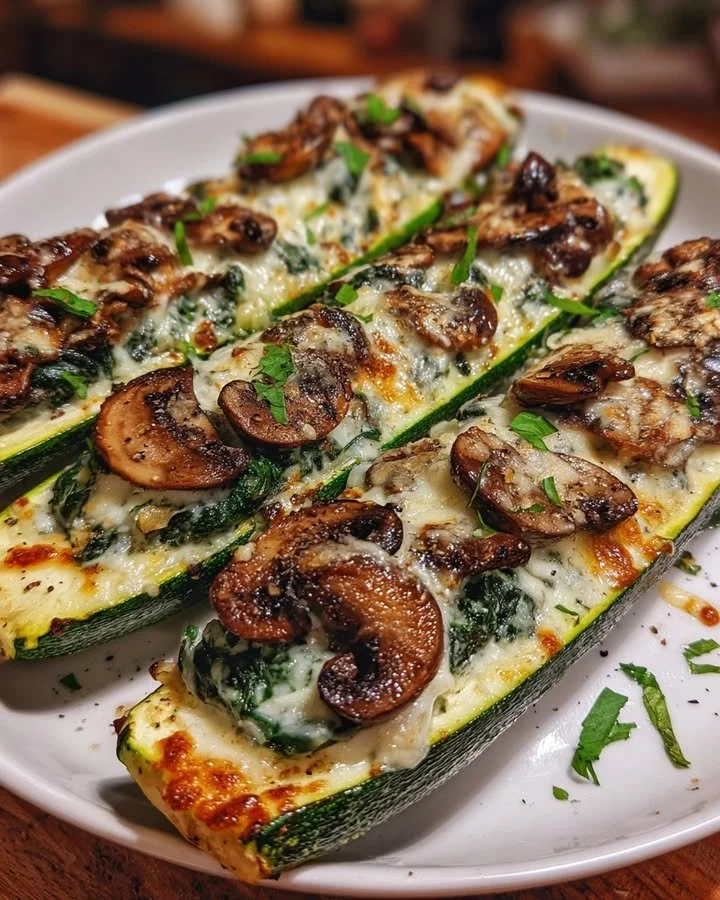 Delicious spinach, mushroom, and ricotta stuffed zucchini boats on a plate