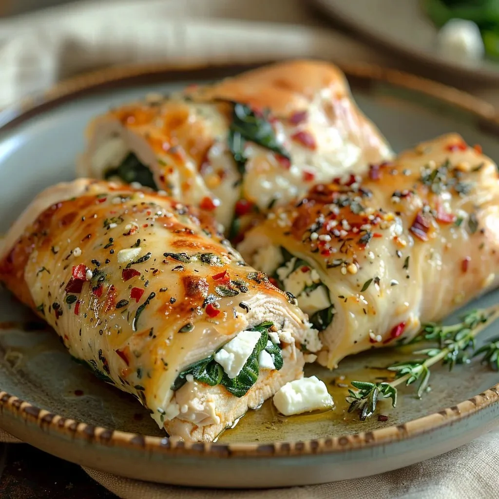 Spinach stuffed chicken roll-ups with feta cheese and herbs.