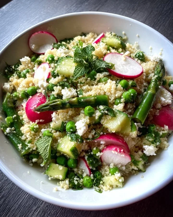 Colorful Spring Couscous Salad with fresh vegetables and herbs