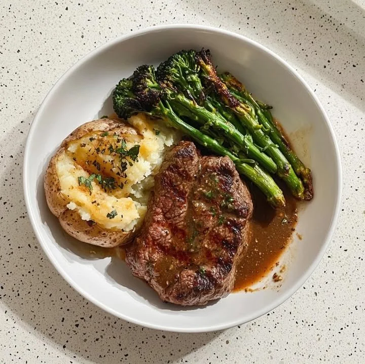 Delicious steak served with a baked potato and broccolini on a plate.