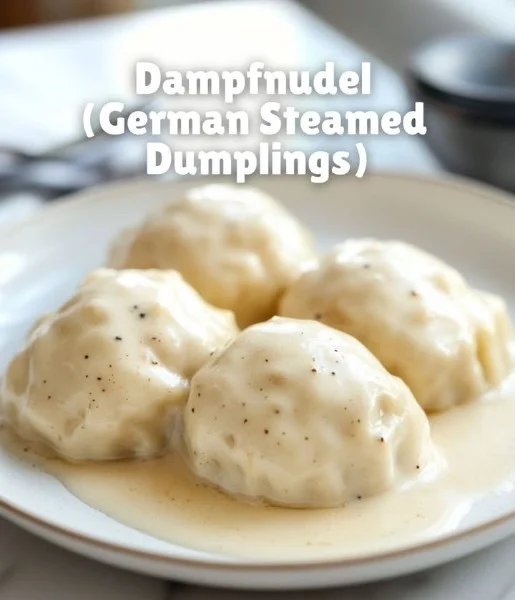 Delicious steamed dumplings (Dampfnudel) served in a bamboo steamer.