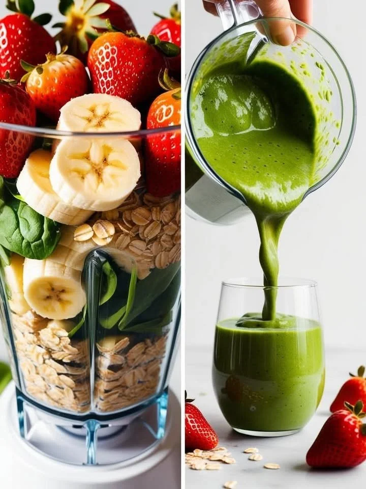 Strawberries, banana, oats, and spinach smoothie in a glass with fresh ingredients