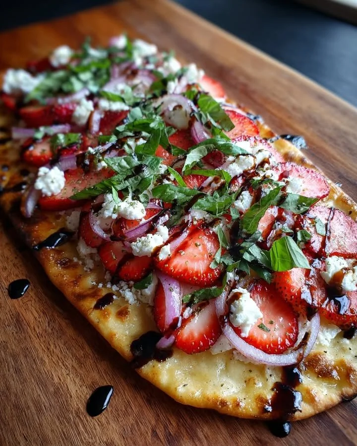 Delicious strawberries flatbread topped with balsamic glaze and fresh herbs.