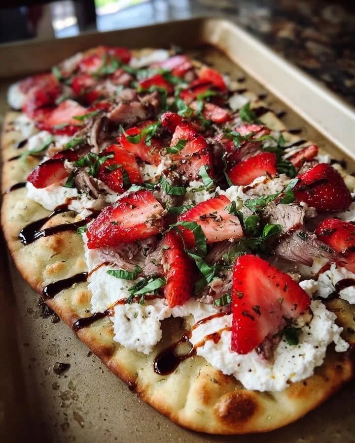 Delicious strawberries flatbread topped with balsamic glaze and fresh herbs.