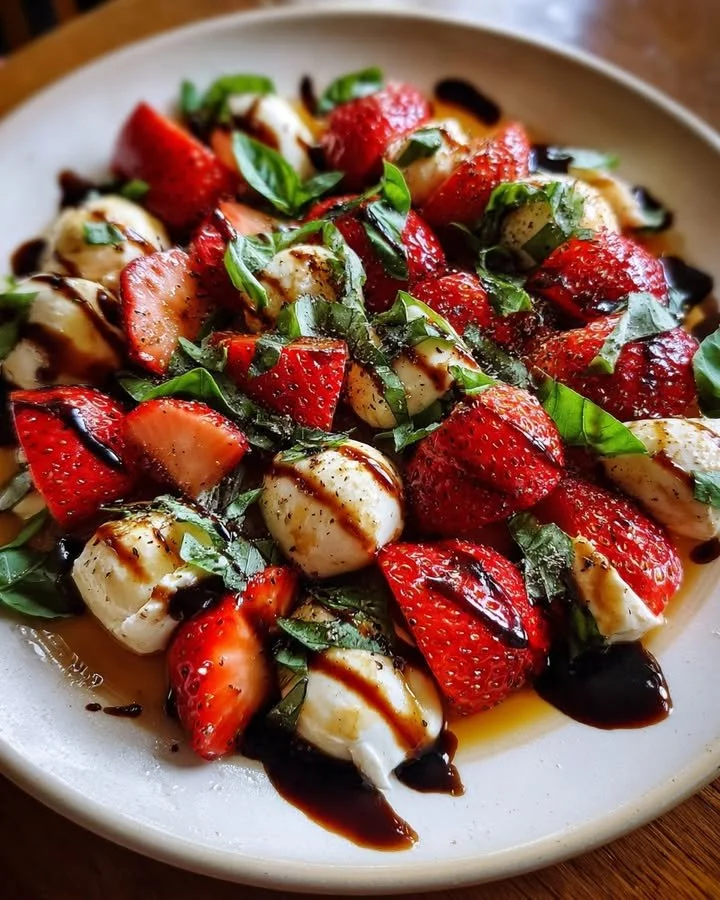 Plate of Strawberry Caprese salad drizzled with balsamic glaze