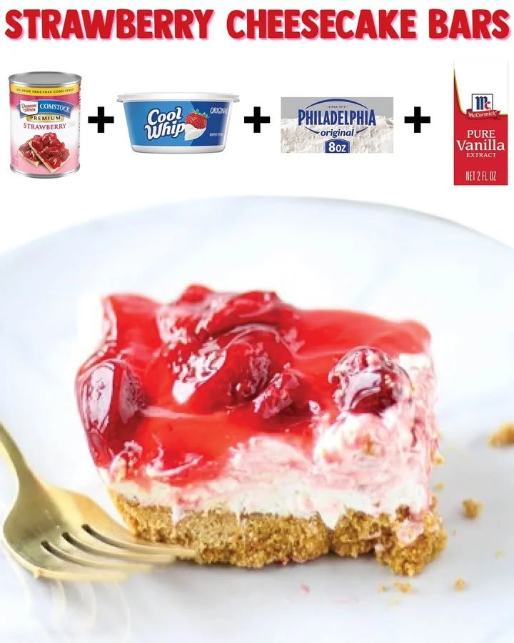 Delicious strawberry cheesecake bars topped with fresh strawberries.