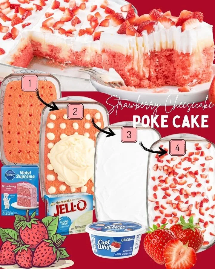 Delicious strawberry cheesecake poke cake with fresh strawberries and creamy topping