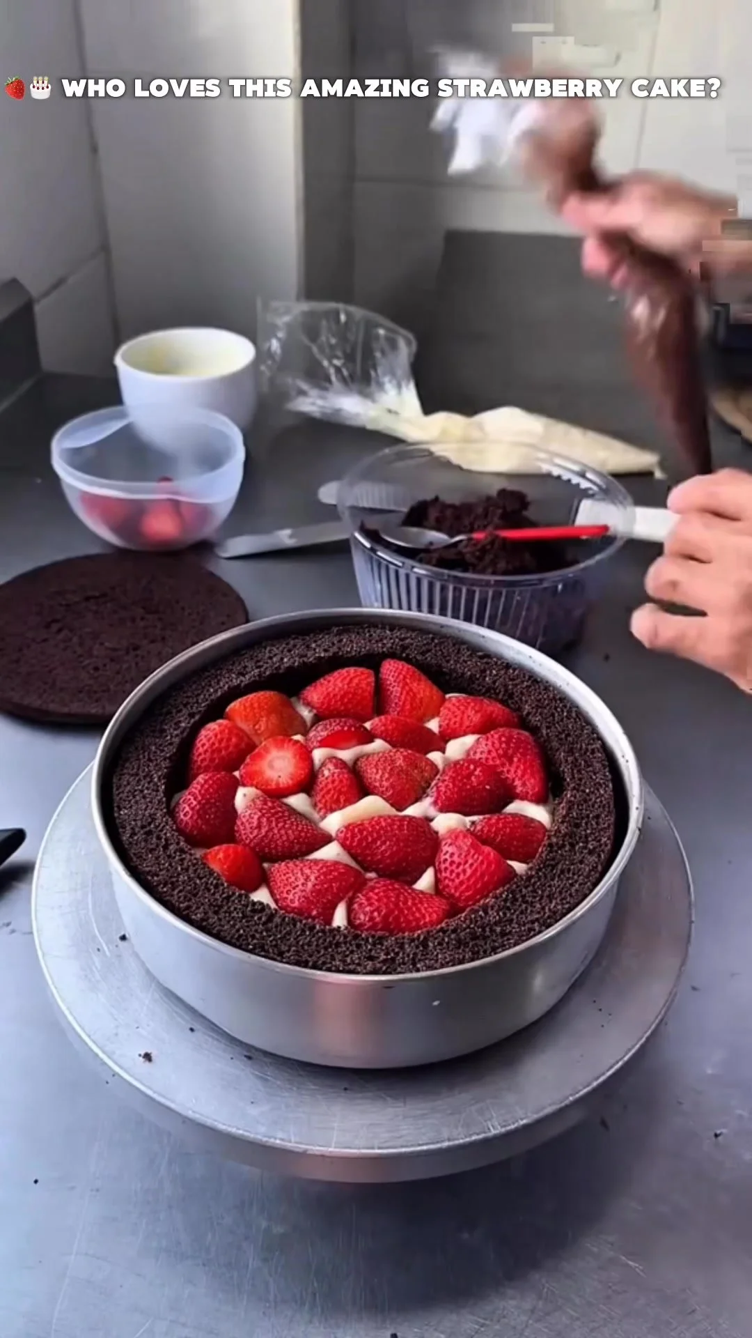 Delicious Strawberry Chocolate Cake topped with fresh strawberries and chocolate ganache
