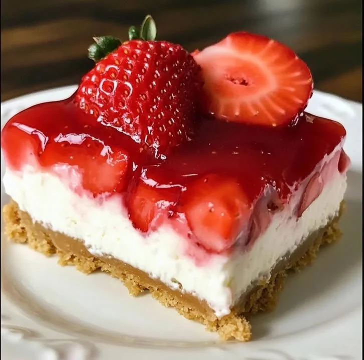 Delicious Strawberry Cream Cheese Chill Pie topped with fresh strawberries.