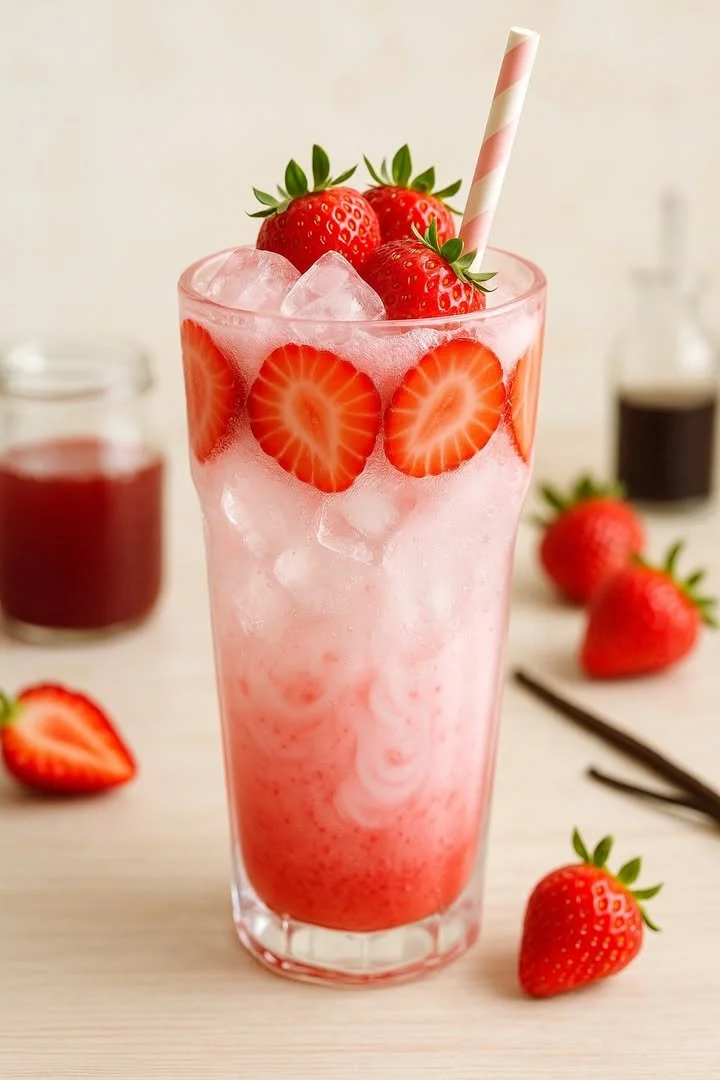 Refreshing Strawberry Cream Soda with strawberries and cream on top
