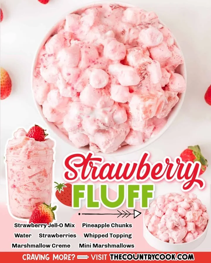 Bowl of creamy strawberry fluff dessert with fresh strawberries on top