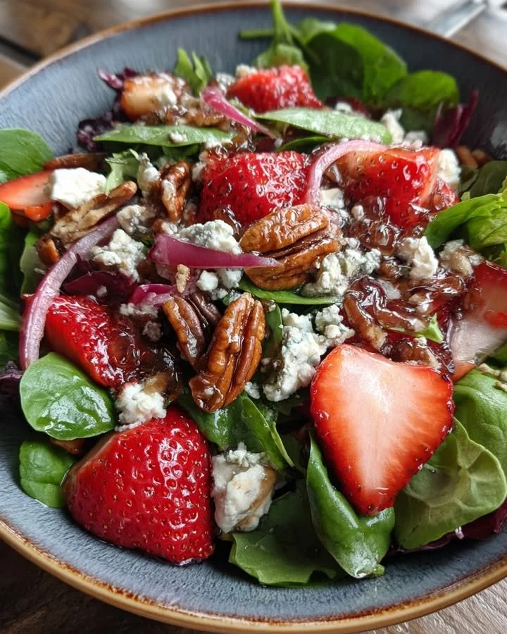Strawberry Goat Cheese Salad topped with candied pecans.