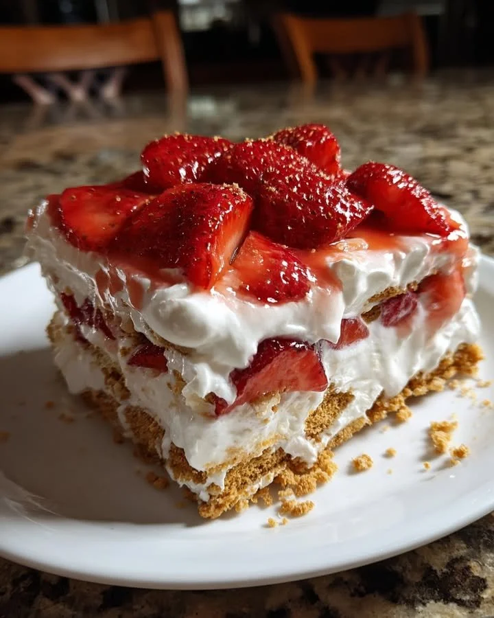 Delicious Strawberry Icebox Cake layered with strawberries and whipped cream