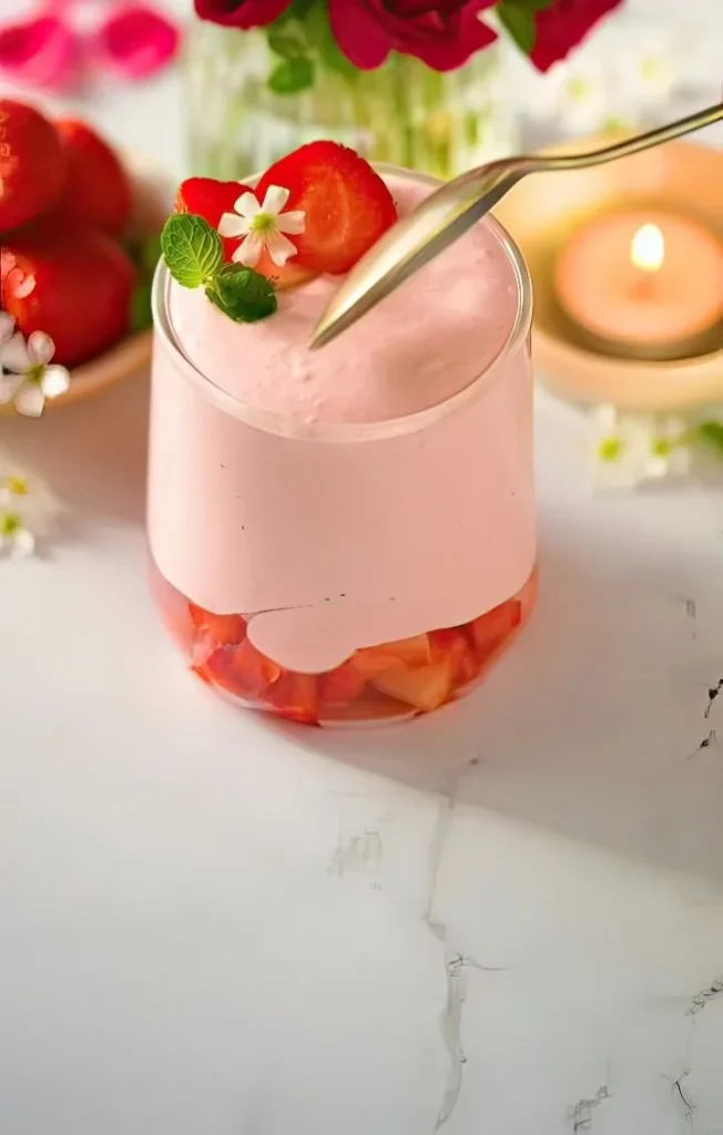Delicious strawberry mousse cup topped with fresh strawberries and whipped cream