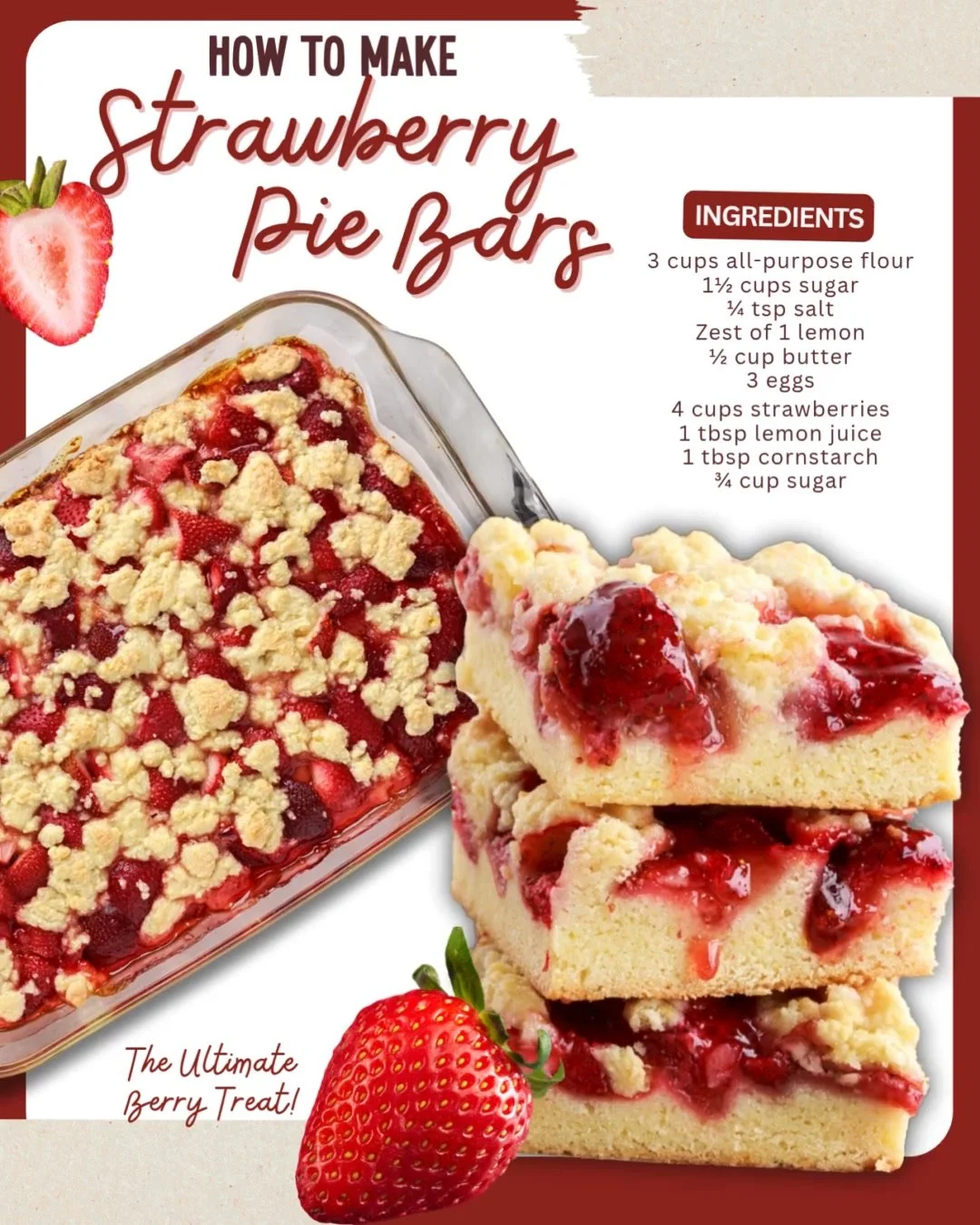 Delicious homemade strawberry pie bars on a plate with fresh strawberries