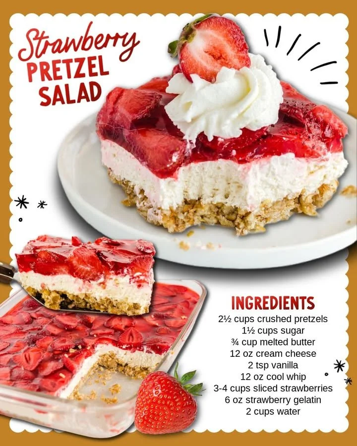 Delicious Strawberry Pretzel Salad in a glass bowl with fresh strawberries