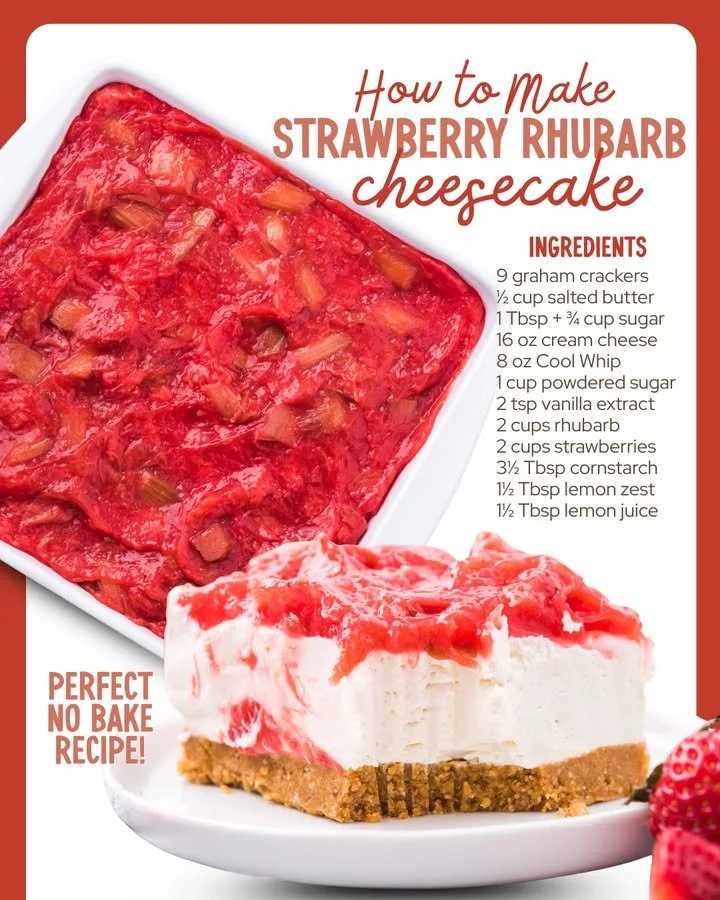 Delicious strawberry rhubarb cheesecake slice on a plate