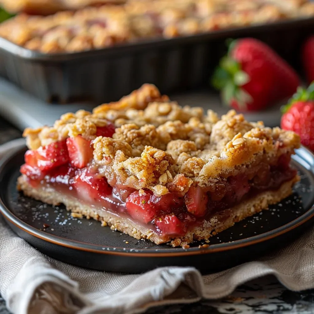 Delicious strawberry rhubarb crumble bars served on a plate