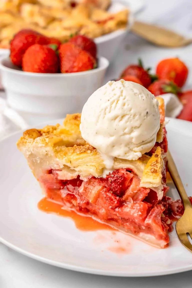Freshly baked strawberry rhubarb pie with a flaky crust