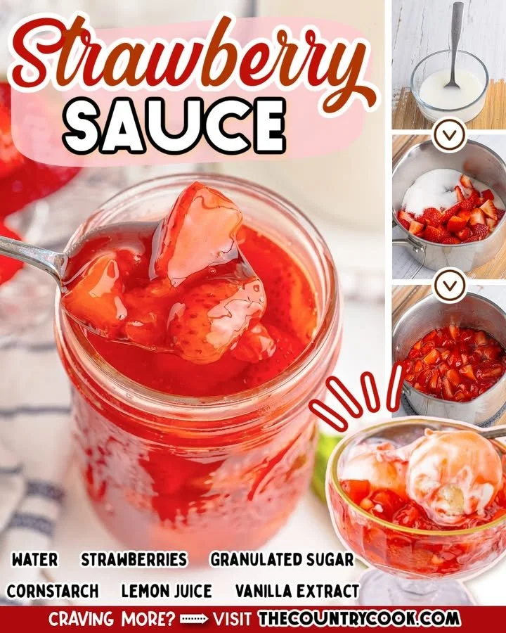 Homemade strawberry sauce drizzled over ice cream and pancakes