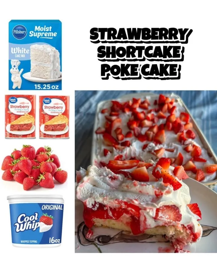 Delicious strawberry shortcake poke cake with fresh strawberries and whipped cream