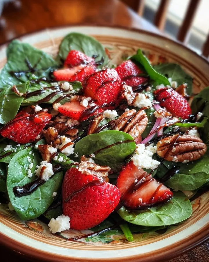 Strawberry Spinach Salad topped with Goat Cheese and Pecans on a plate