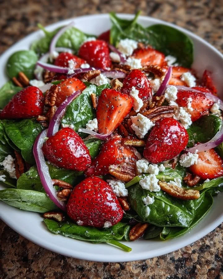 Delicious Strawberry Spinach Salad topped with Poppyseed Dressing