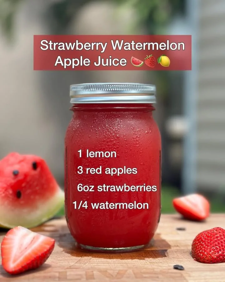 A refreshing glass of strawberry watermelon apple juice on a wooden table