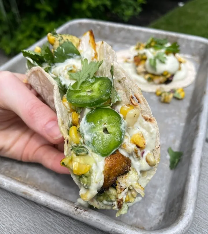 Delicious Street Corn Chicken Tacos topped with fresh ingredients