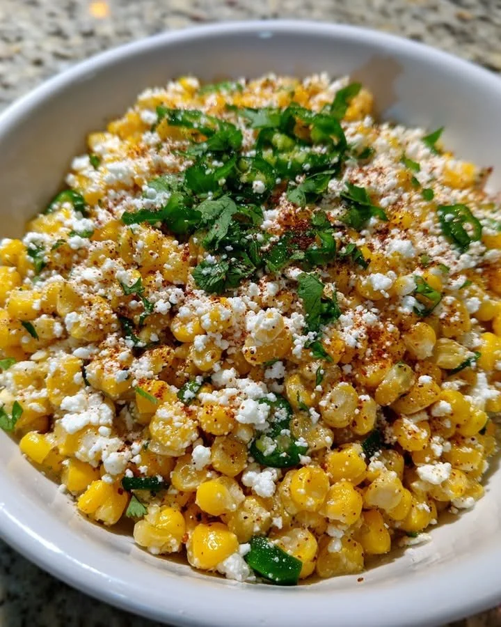 A colorful Street Corn Salad (Esquites) served in a bowl with fresh toppings.