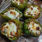 Stuffed bell peppers with rice, meat, and cheese on a wooden table