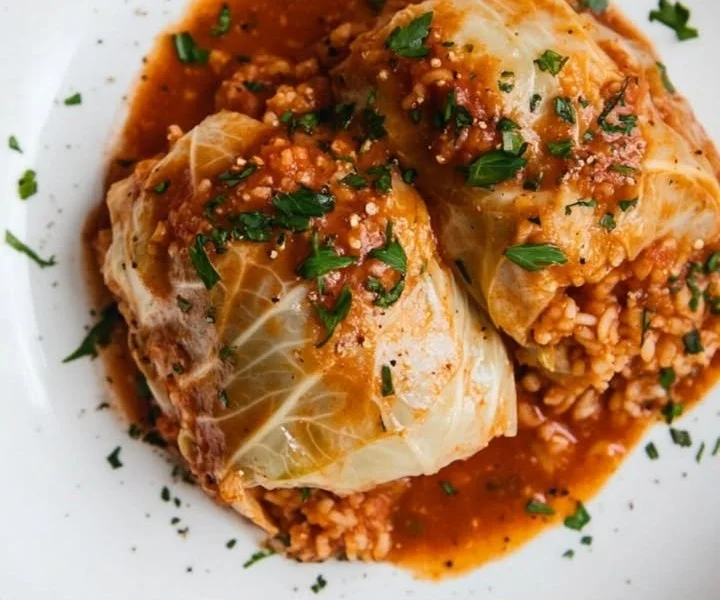 Delicious stuffed cabbage filled with savory meat and rice served on a plate