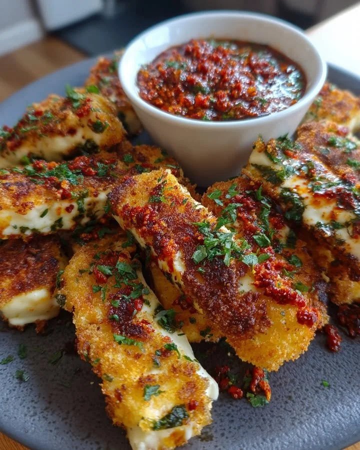 Stuffed Halloumi Fries with a side of Harissa Yogurt Dip on a plate