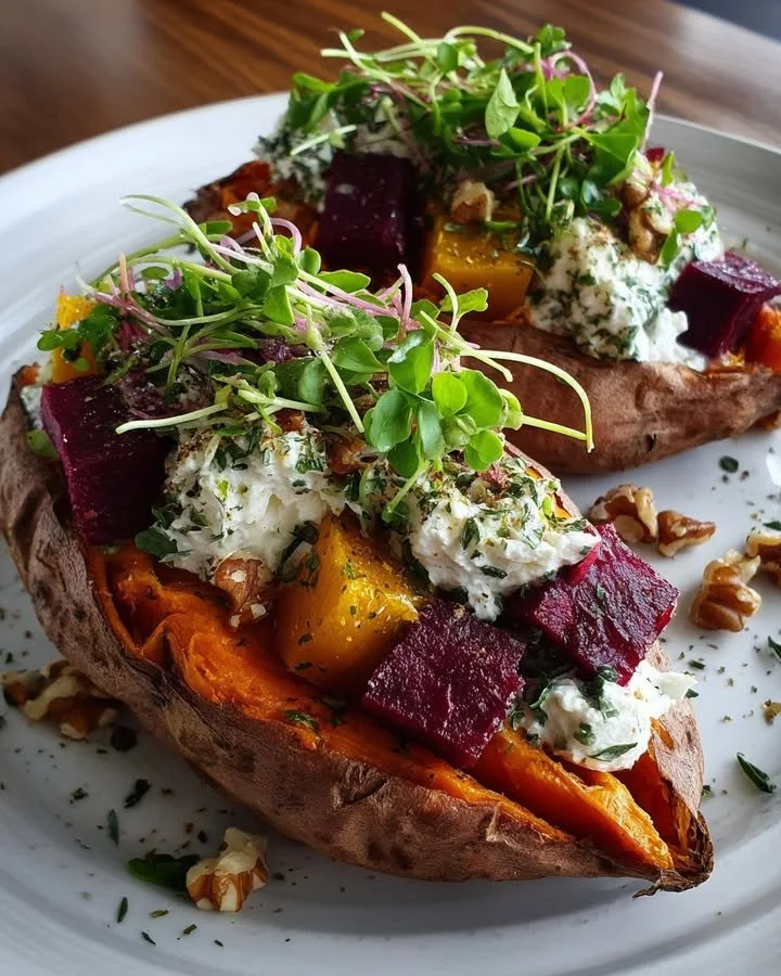 Stuffed sweet potatoes with herbed ricotta and roasted beets on a plate.