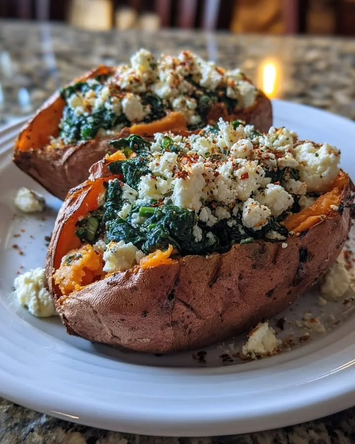 Stuffed sweet potatoes with spinach and feta on a plate.