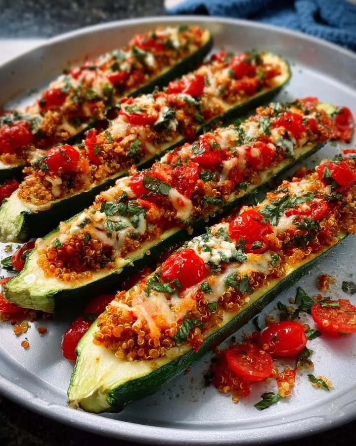 Stuffed zucchini boats filled with quinoa and tomato served on a plate