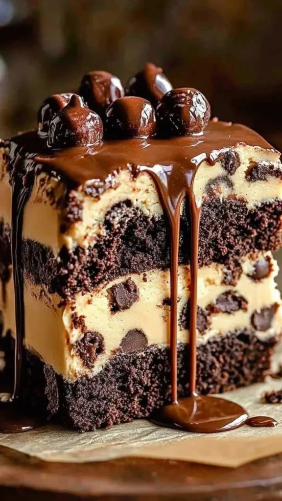 Summer Cookie Dough Brownie Cake with layers of brownie and cookie dough