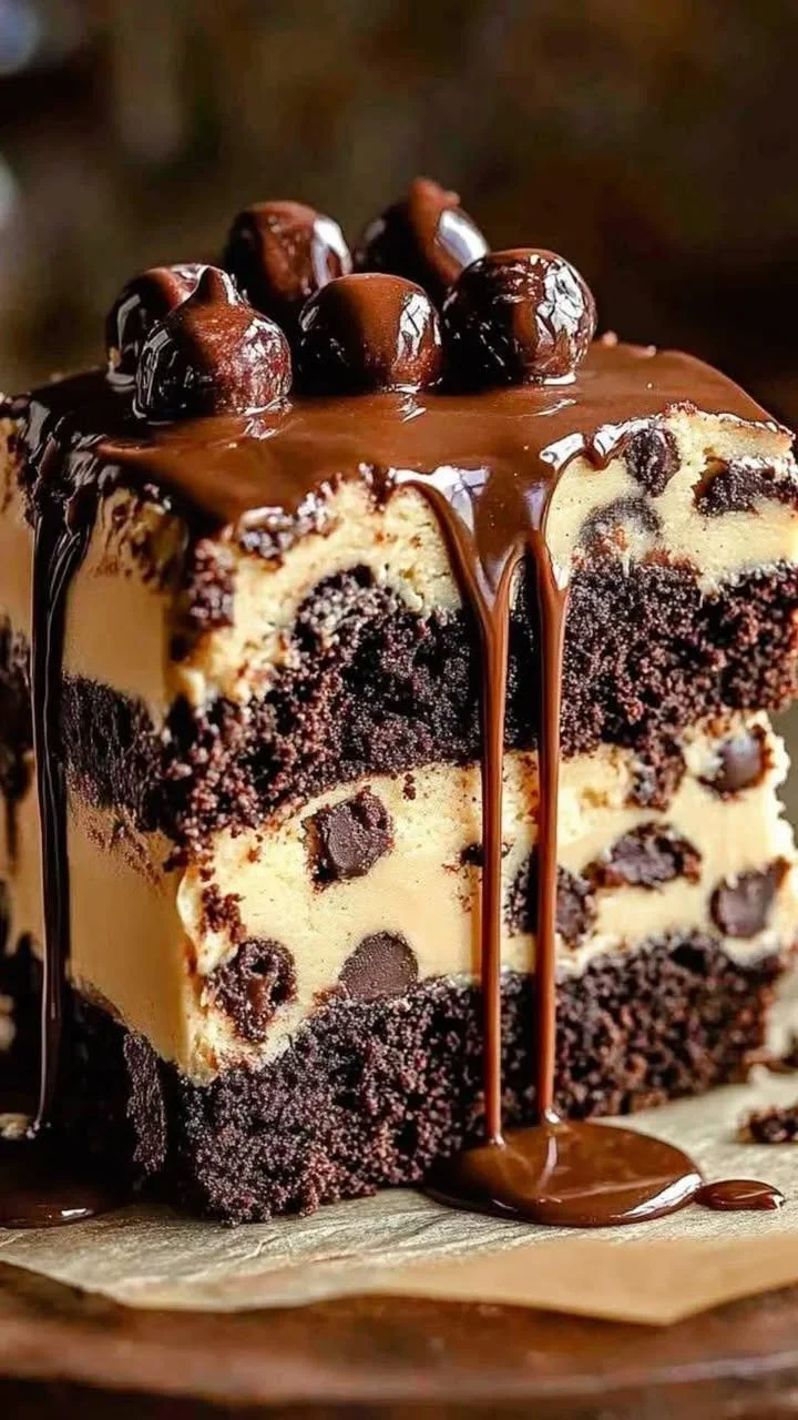 Summer Cookie Dough Brownie Cake with layers of brownie and cookie dough