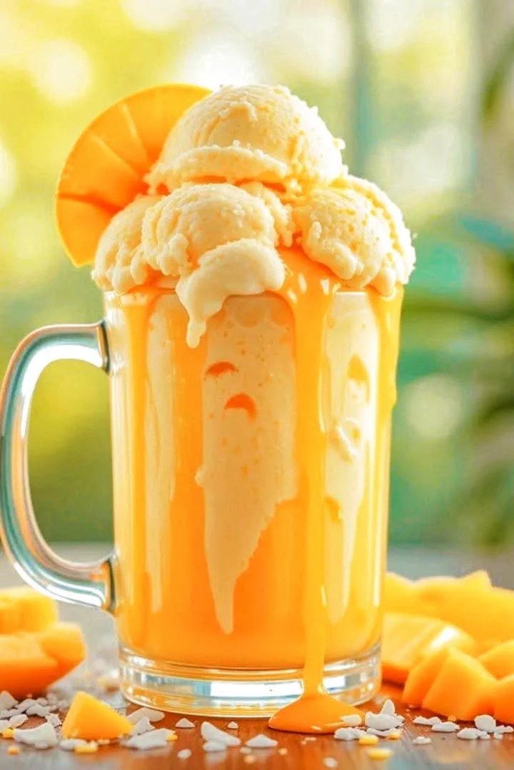 Delicious Summer Mango Coconut Float Milkshake topped with whipped cream and mango slices