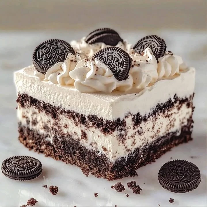 Delicious Summer Oreo Icebox Cake served on a plate with chocolate drizzle