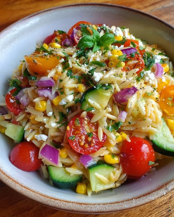 Delicious summer orzo salad with fresh vegetables and herbs