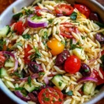A colorful bowl of Summer Orzo Salad with fresh vegetables and herbs