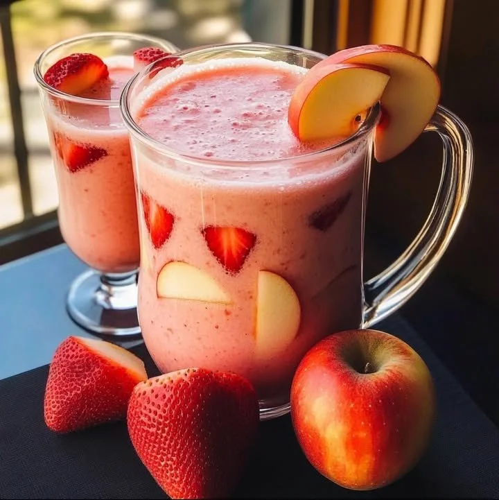 Refreshing summer strawberry apple punch in a glass garnished with fresh strawberries and apple slices.