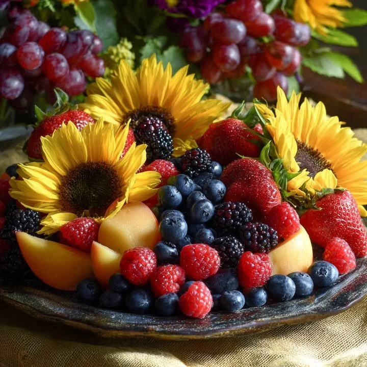 Sunflower-inspired fruit arrangement featuring berries and sliced stone fruits.