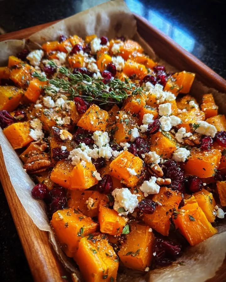 Sweet and savory honey roasted butternut squash with cranberries, pecans, and feta