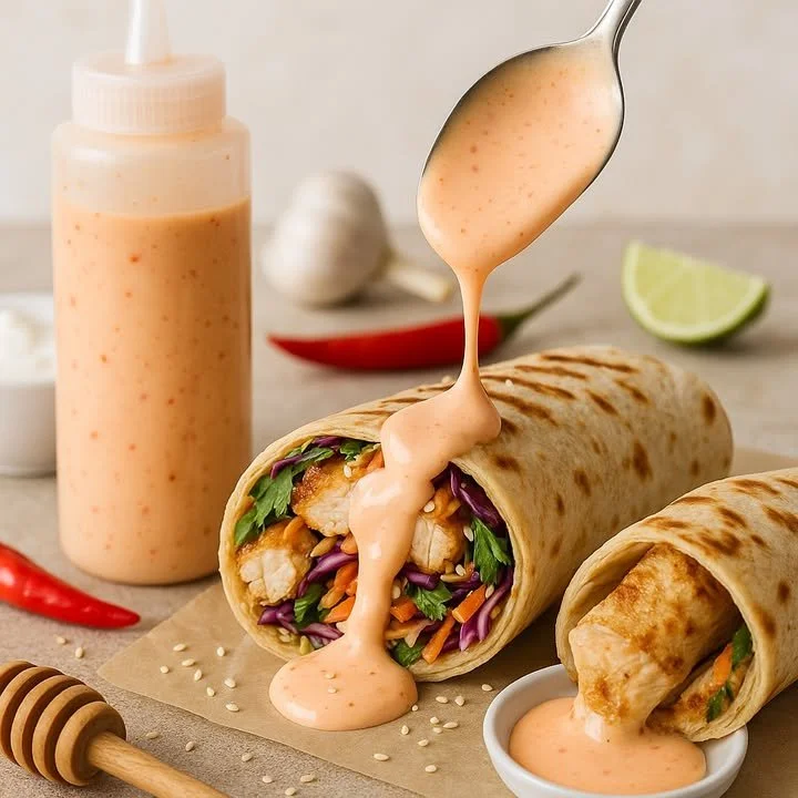 Sweet Chili Yogurt Drizzle on a plate, enhancing dishes with spicy and creamy flavor.