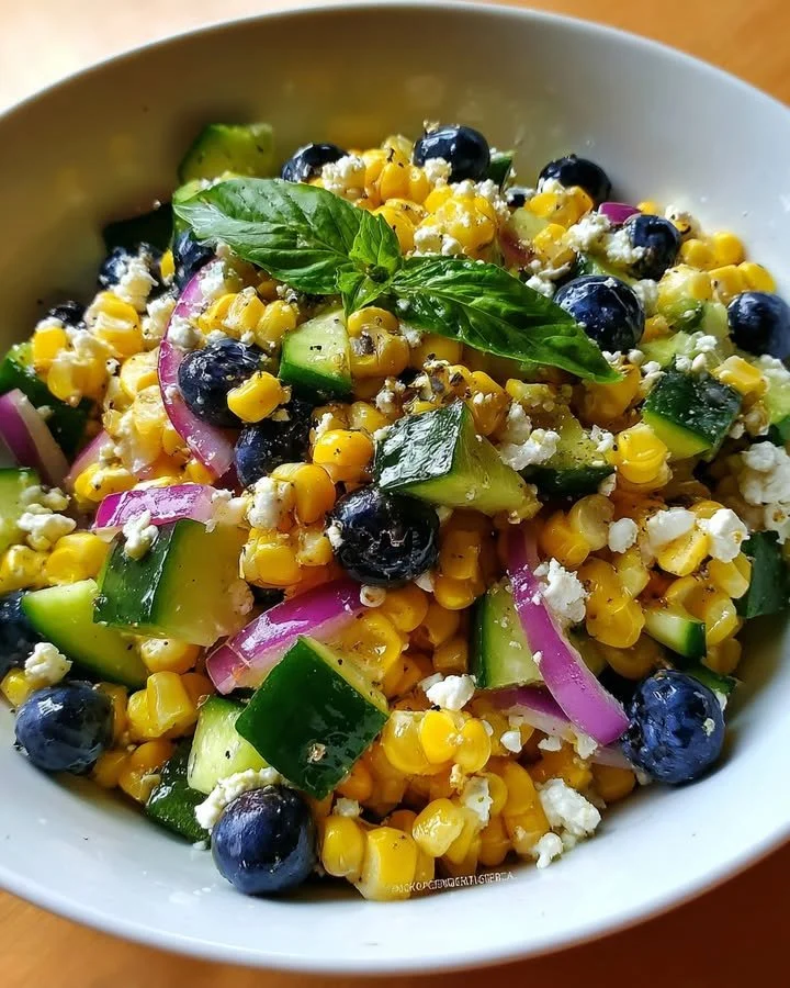 Fresh Sweet Corn & Blueberry Salad with vibrant ingredients and colors