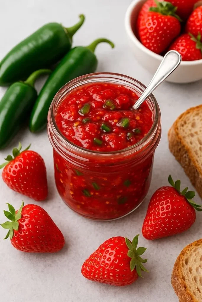 Delicious jar of sweet heat jalapeño strawberry jam with fresh strawberries and jalapeños