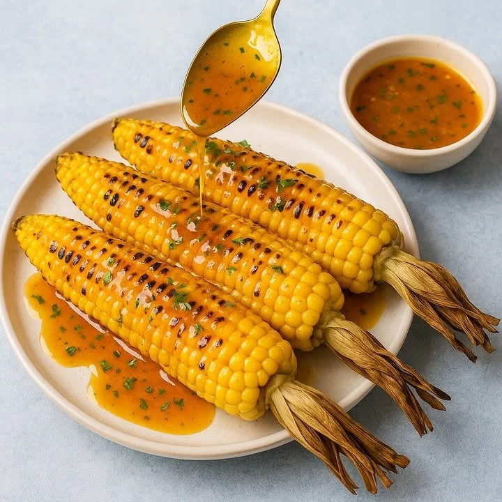 Sweet honey-lime grilled corn on the cob with a drizzle of sauce