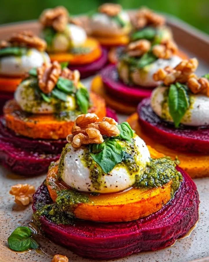 Sweet Potato Beet Stacks with Pesto, Burrata, and Walnuts.